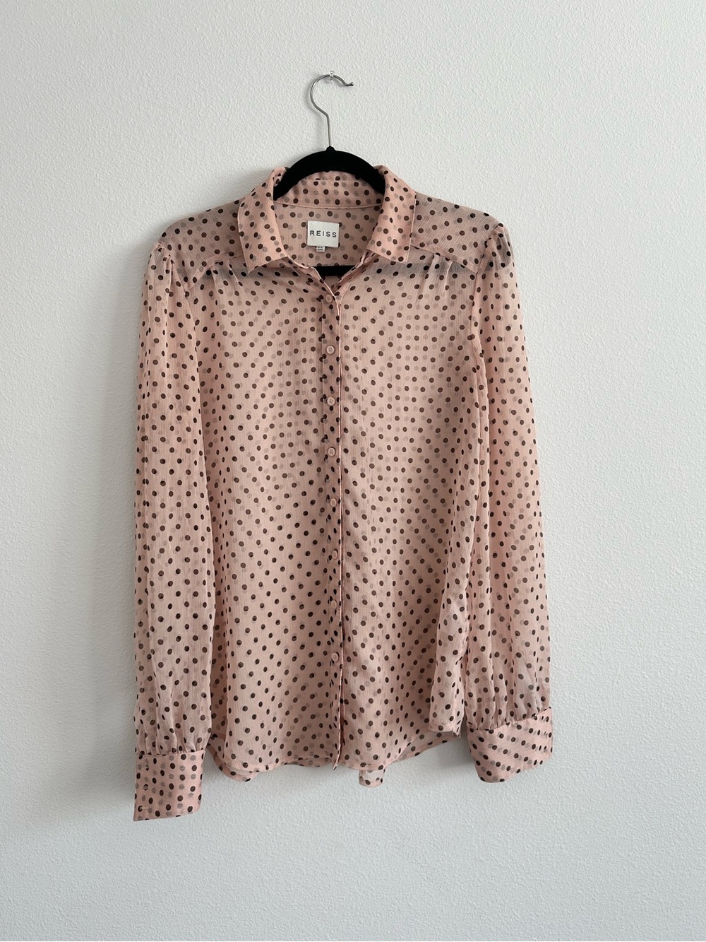 REISS Women’s Pink Polka Dot Semi-Sheer Long Sleeve Blouse Size 6 Cottagecore